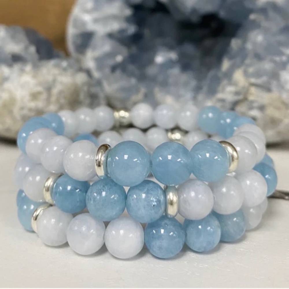 Aquamarine Celestite Genuine Gemstone Shaman Sisters Beaded Bracelet